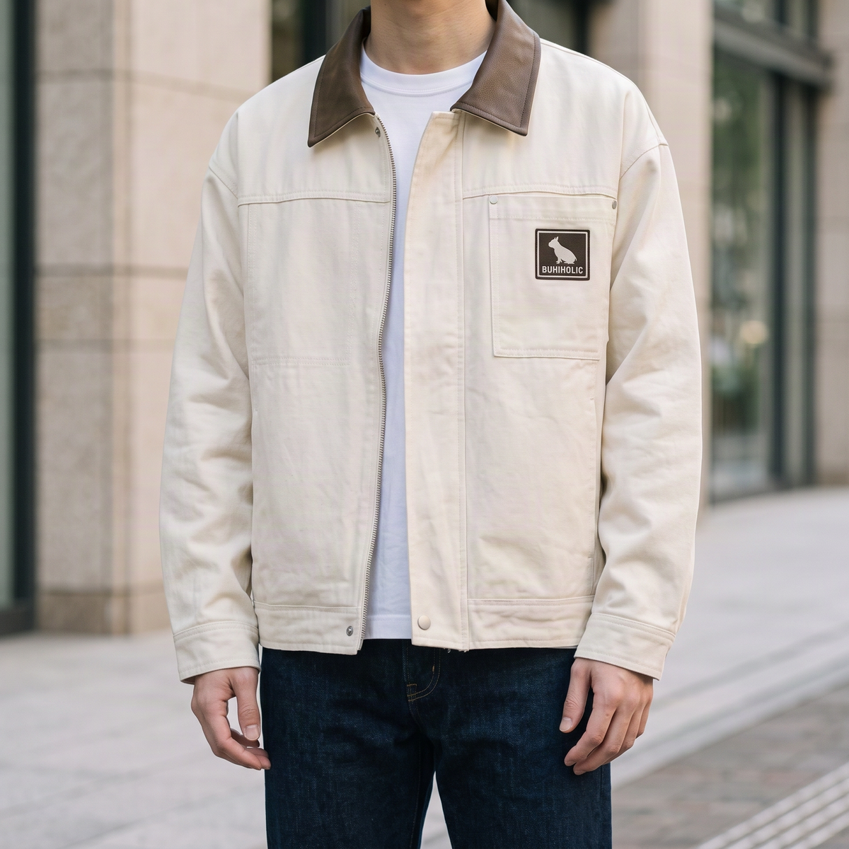 ICON BUHI ワークジャケット アイボリー 着用 刺繍アップ